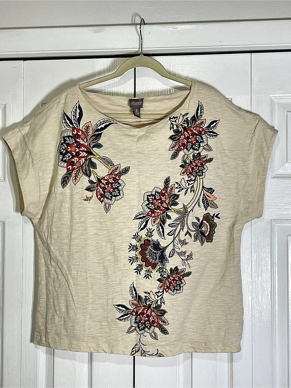 Chico's Floral Short Sleeve Top in Cream Size 3 Like New